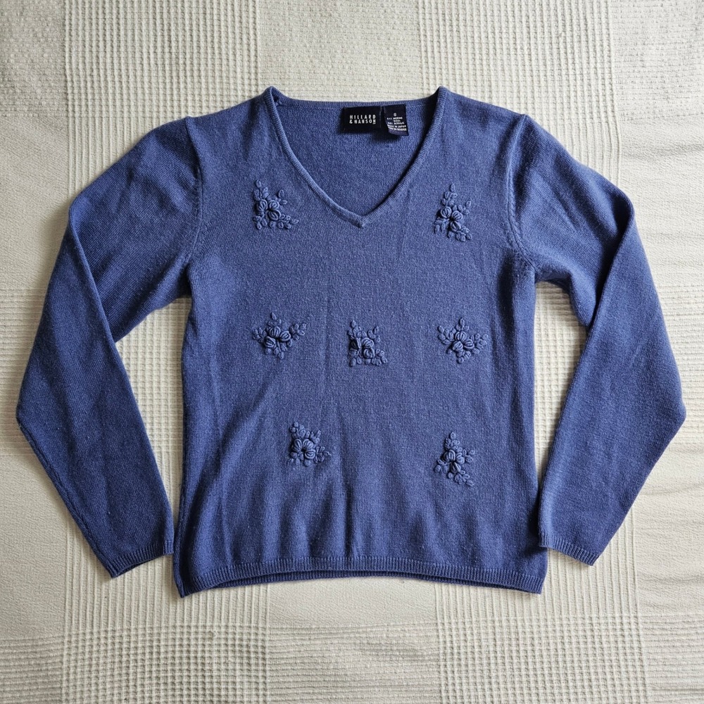 Hilliard Hanson Y2K Blue V Neck Sweater Floral Embroidered Merino Wool Women S
